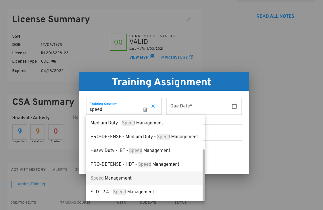 assign training to drivers with violations