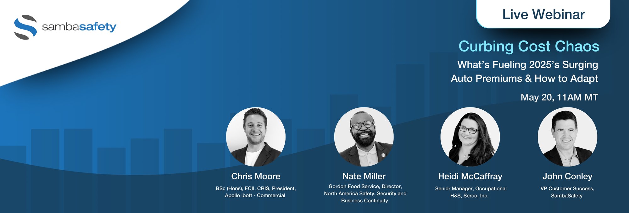 Pre Webinar graphic for "Curbing Cost Chaos: What's Fueling 2025's Surging Auto Premiums & How to Adapt" on May 20 at 11 AM MT. Graphic includes panelists.