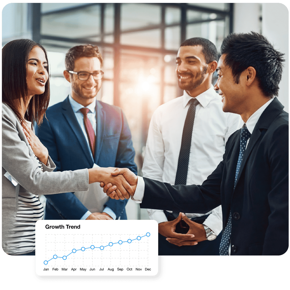 Graphic of a business meeting promoting SambaSafety's driver risk and training solutions for partners