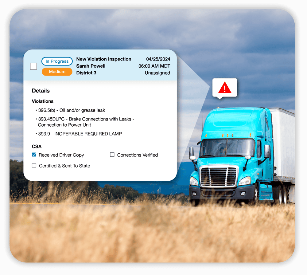 Graphic showing SambaSafety's Automated CSA violation alerts for truck drivers