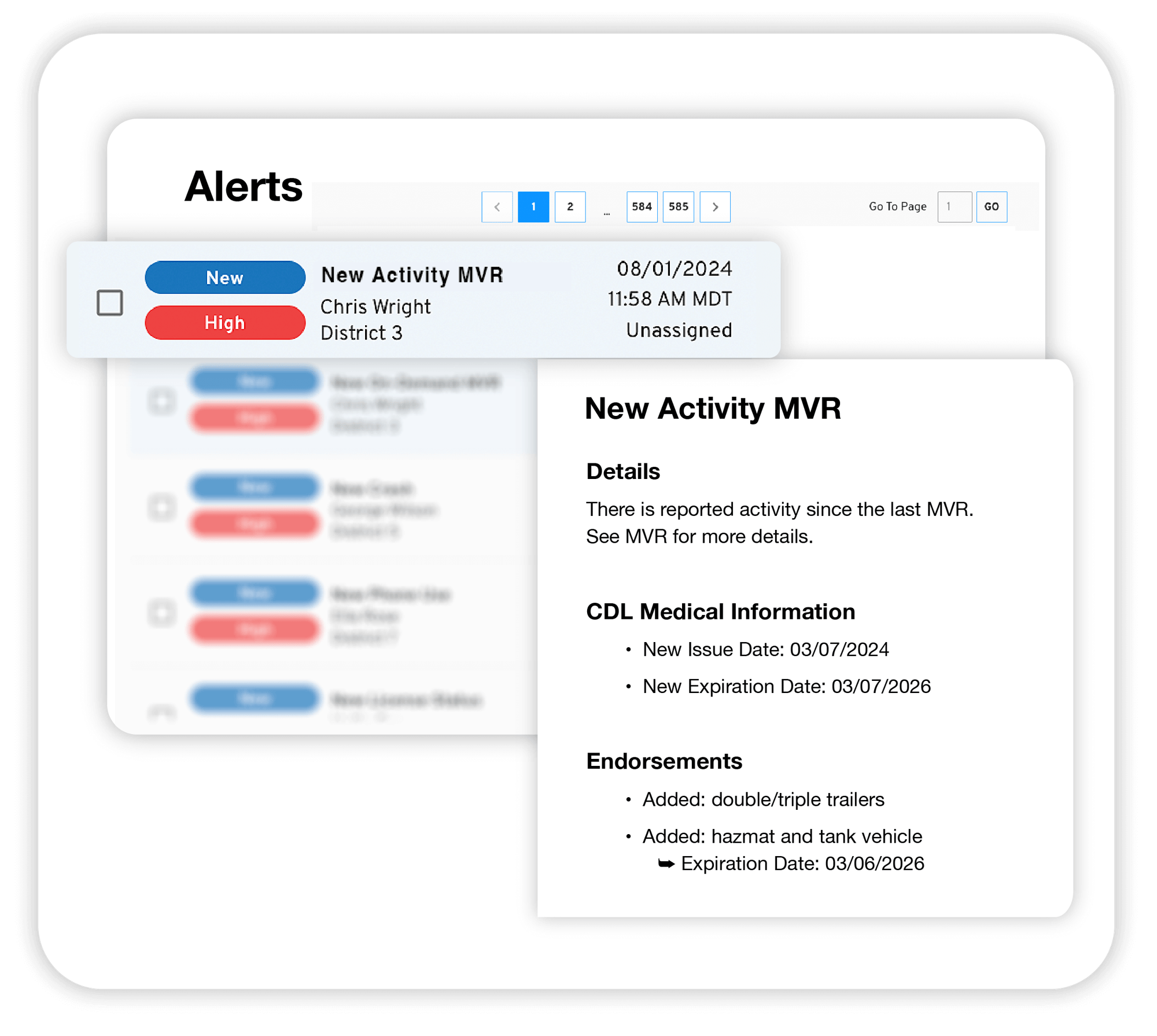 CDL driver eligibility with endorsements, med certs and MVR alerts