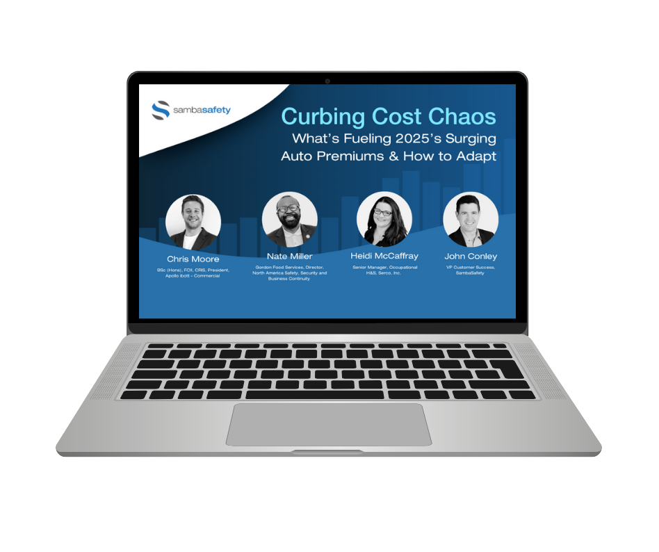 Graphic promoting SambaSafety's webinar: "Curbing Cost Chaos: What’s Fueling 2025’s Surging Auto Premiums & How to Adapt"