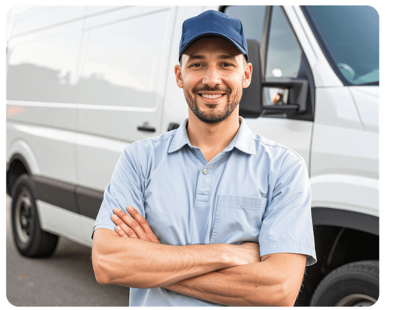 Fleet driver standing in front of a white cargo van