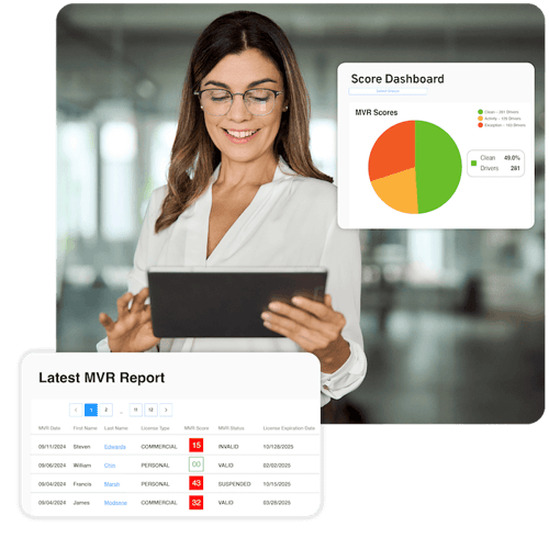 Graphic promoting SambaSafety's MVR reports for employers and reports tracking MVR scores for employees