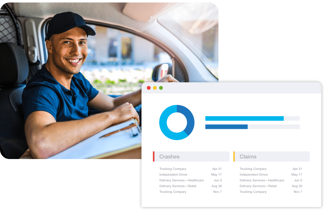 man smiling while delivering packages with illustration of chart