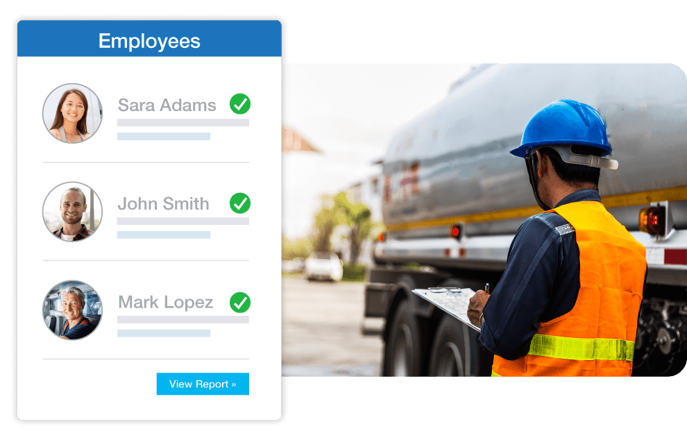 oil and gas worker looking at truck with illustration of employees