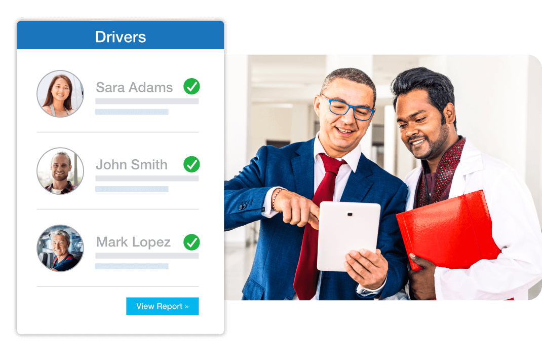 illustration of driver report and two men analyzing a piece of paper